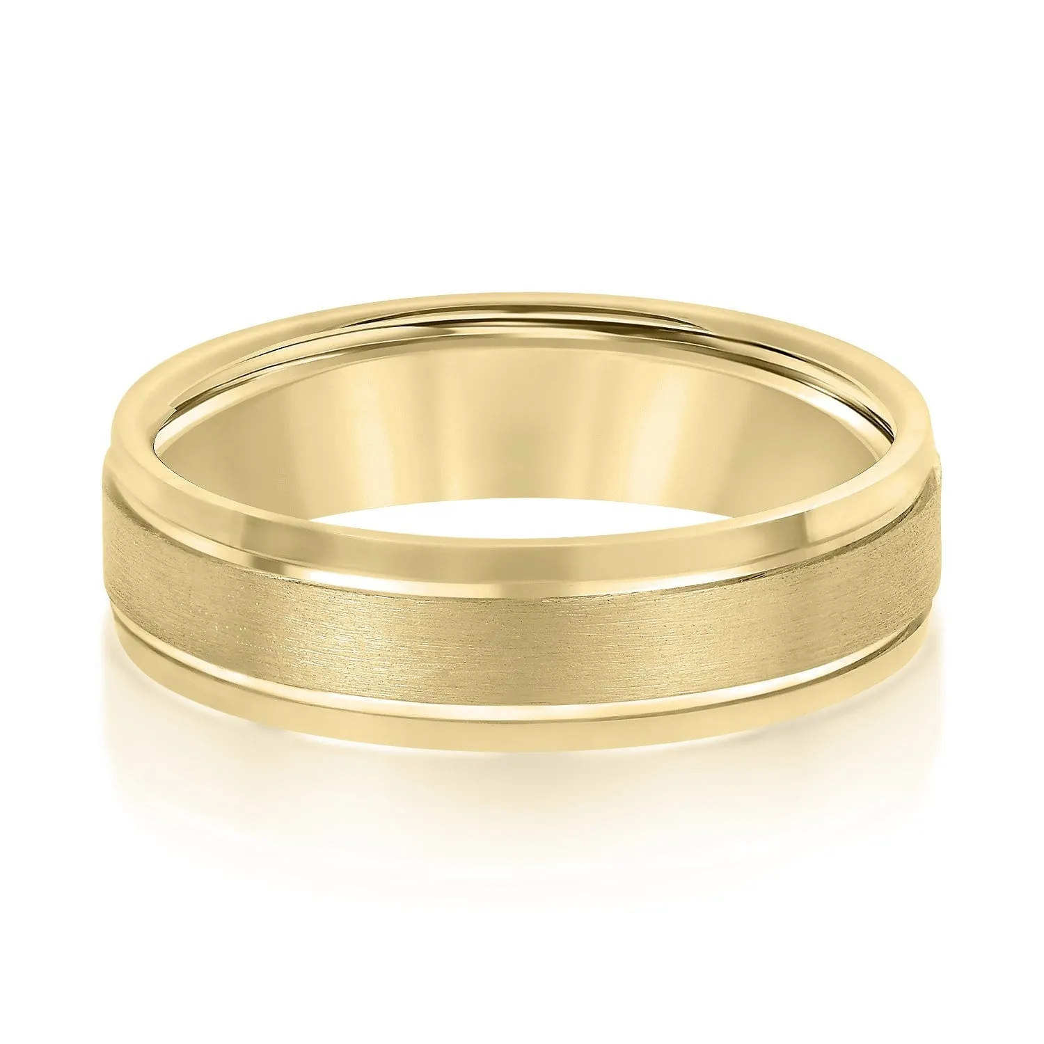 14K Yellow Gold Men's 6MM Wedding Band With Satin Finish And High Polish Beveled Edges