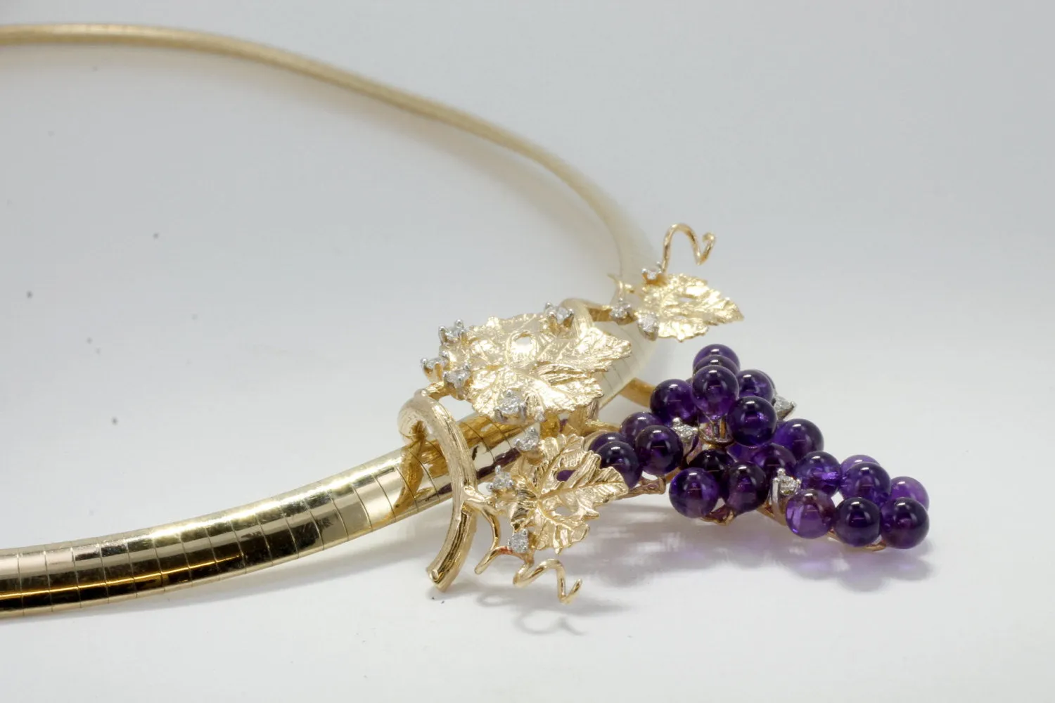 14kt Gold Purple Amethyst & Diamonds Grape Cluster Necklace