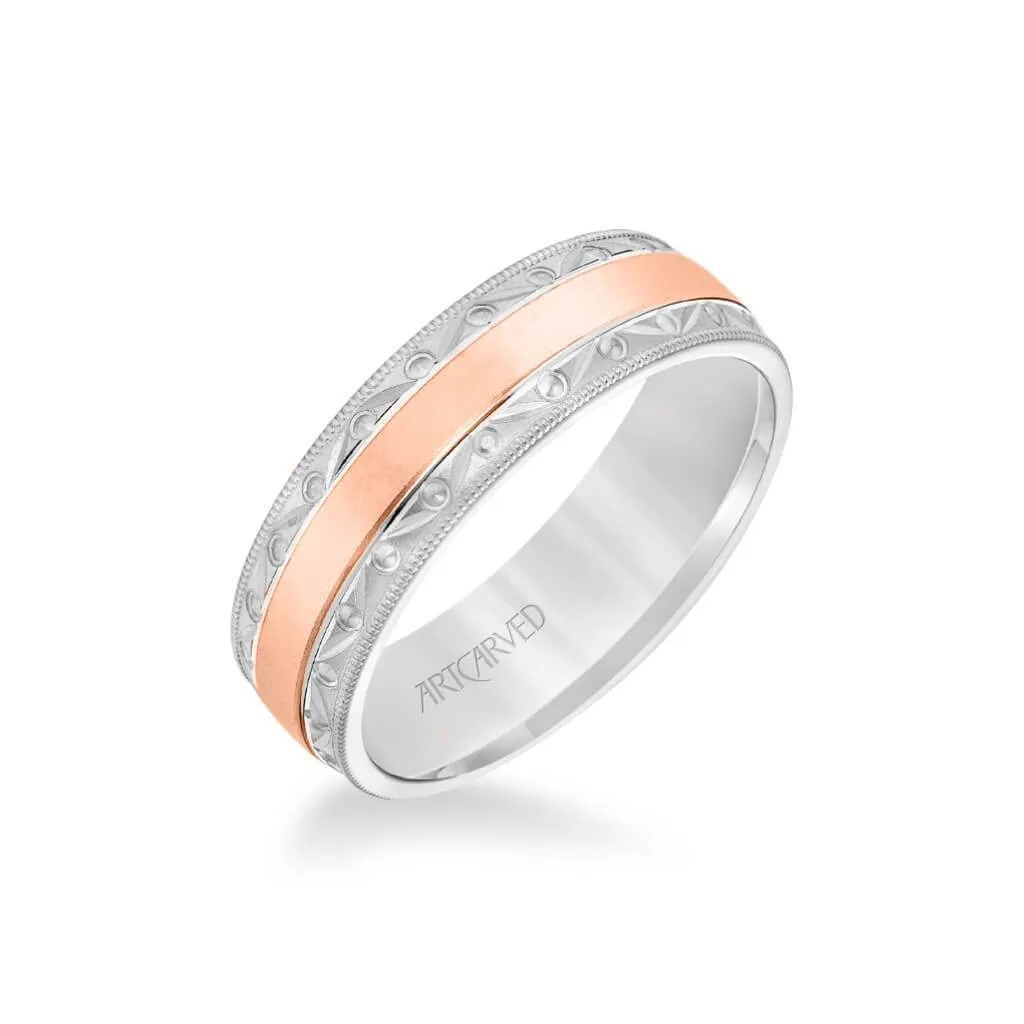 6.5MM Men's Wedding Band - Wire Emery Finish with Textured Vintage Design and Milgrain Bevel Edge