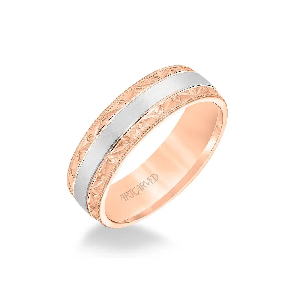6.5MM Men's Wedding Band - Wire Emery Finish with Textured Vintage Design and Milgrain Bevel Edge