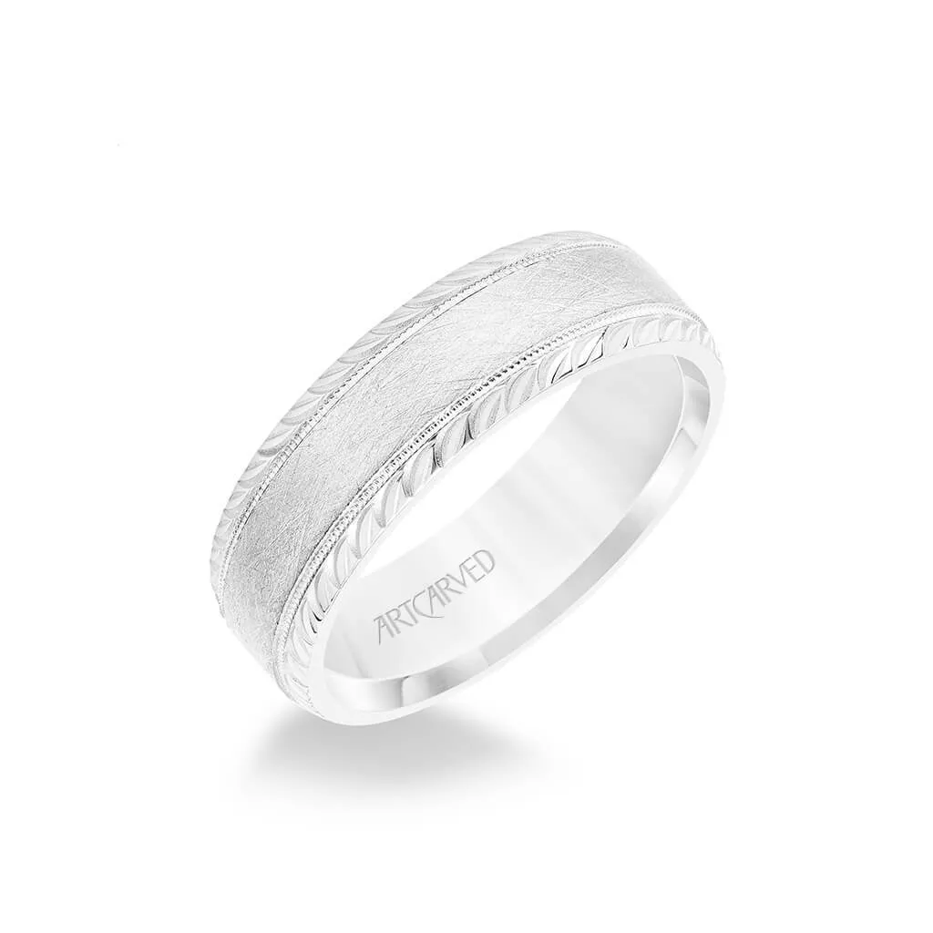 7MM Men's Wedding Band - Cyrstalline Finish with Milgrain and Leaf Design Bevel Edge