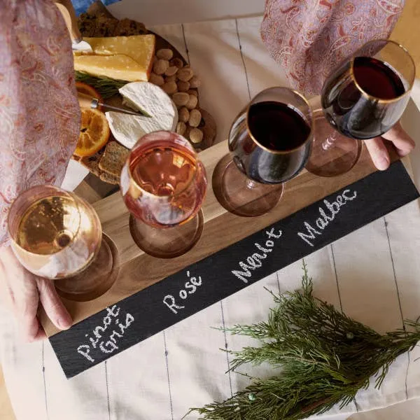 Acacia & Slate 4-Glass Wine Flight Board - Includes Chalk