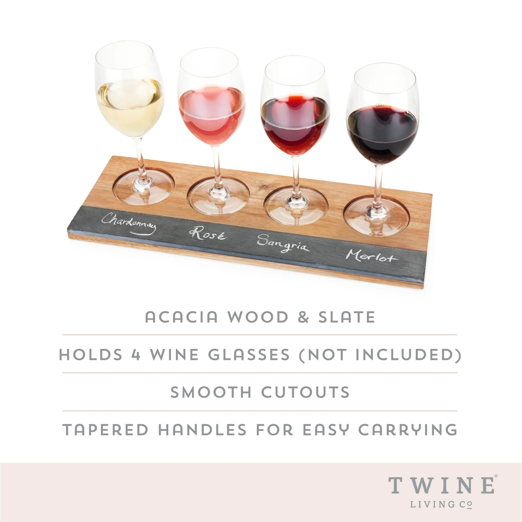 Acacia & Slate 4-Glass Wine Flight Board - Includes Chalk