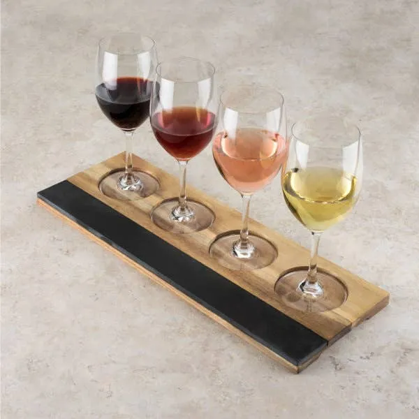 Acacia & Slate 4-Glass Wine Flight Board - Includes Chalk