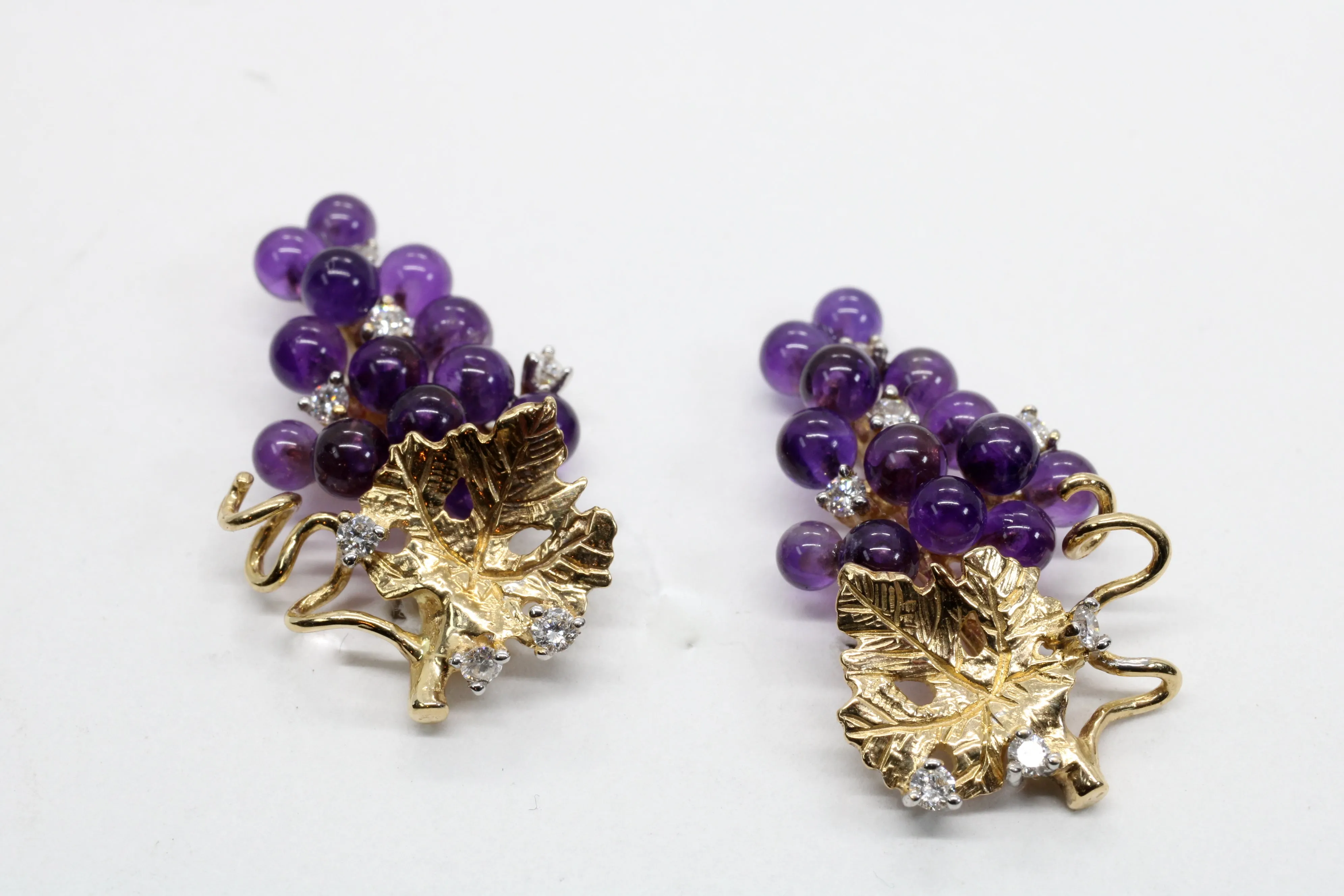 Amethyst and Diamonds Grape Cluster Earrings made in 14kt Gold