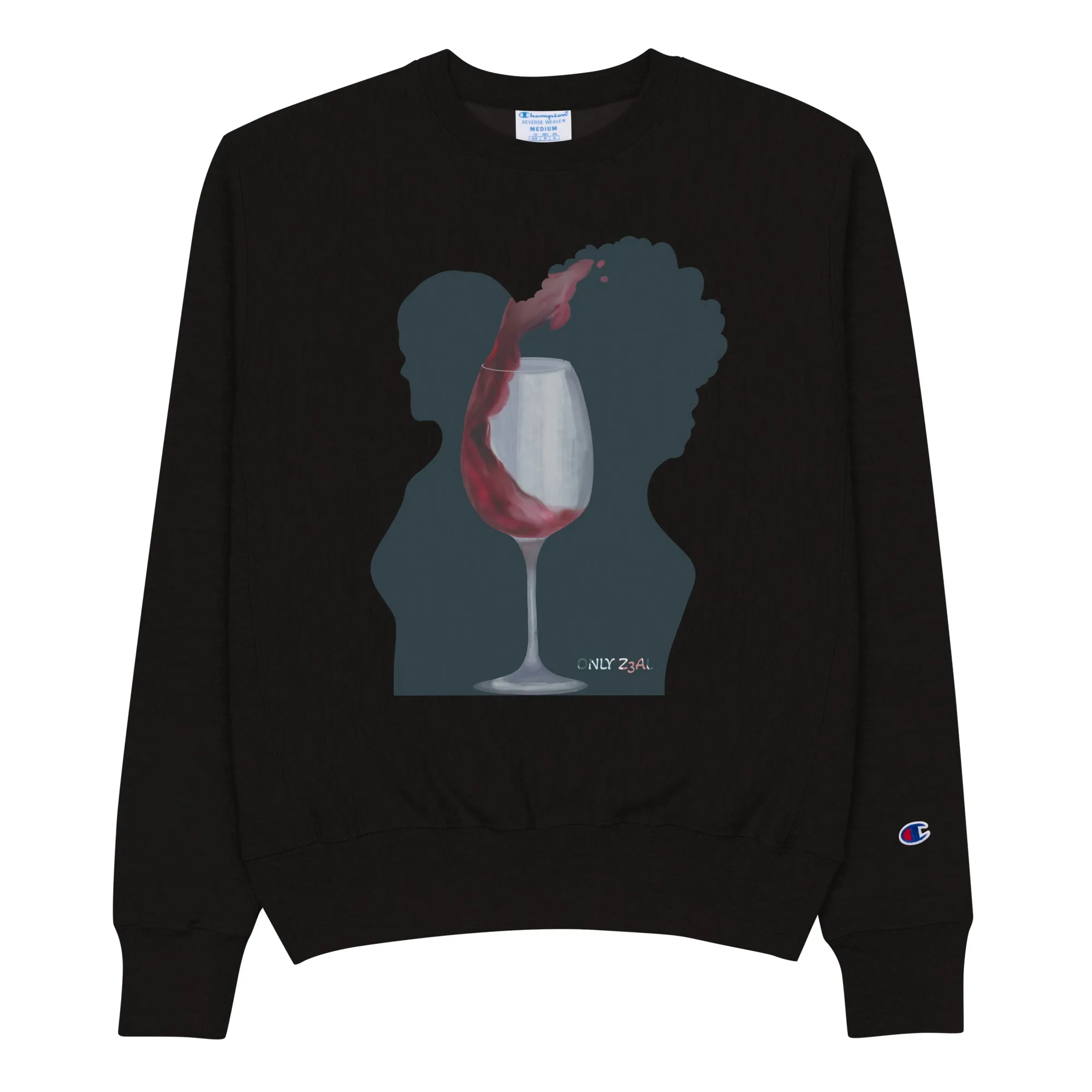 Black Champion Sweatshirt Wine Glass Design