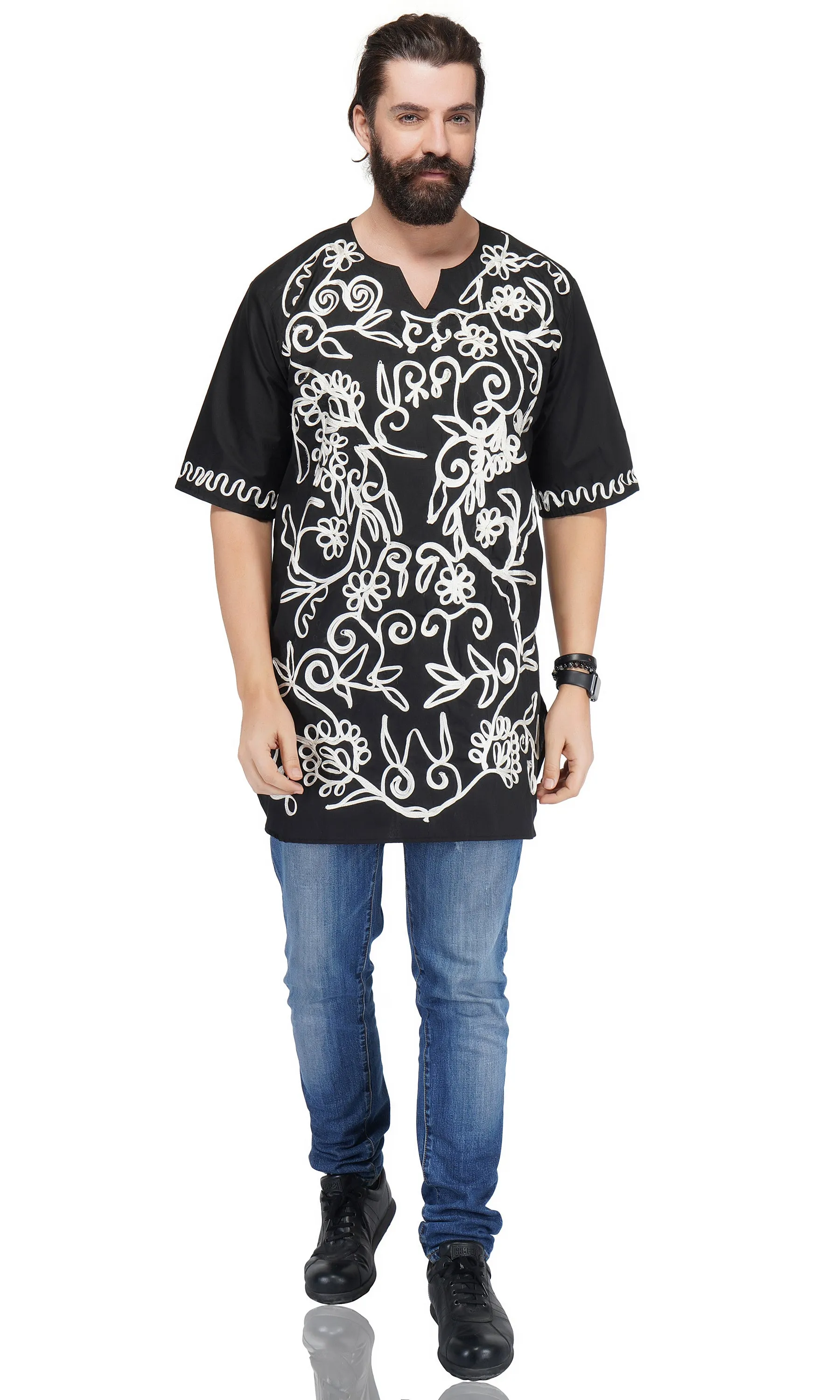 Black-white Embroidered Long Dashiki Shirt For Men