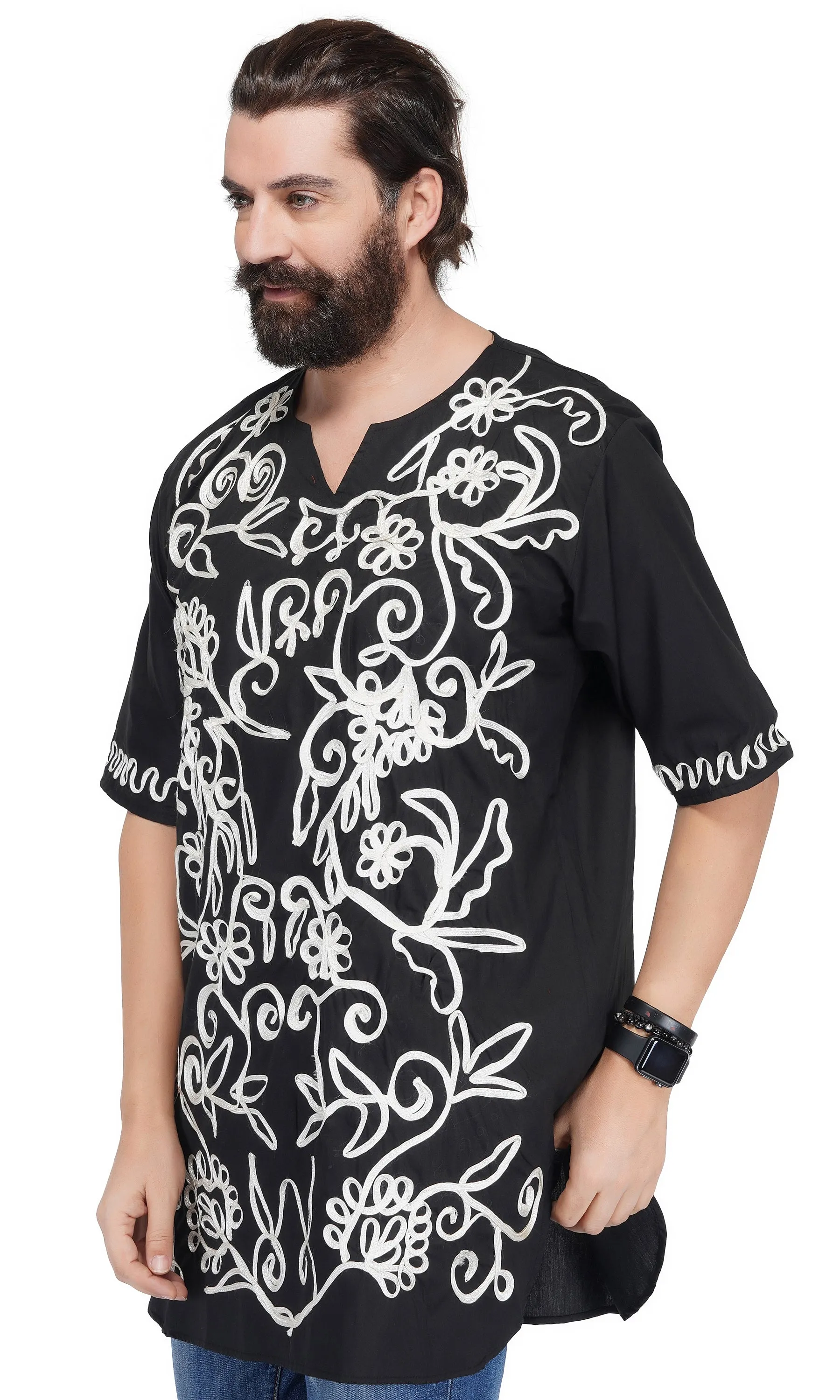 Black-white Embroidered Long Dashiki Shirt For Men