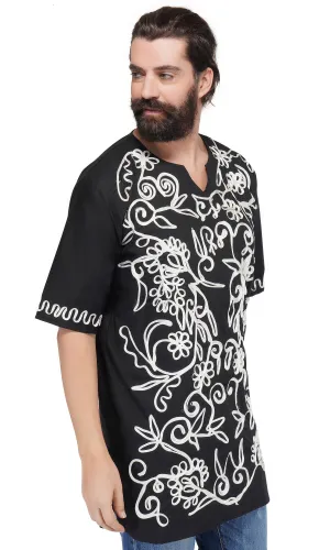 Black-white Embroidered Long Dashiki Shirt For Men