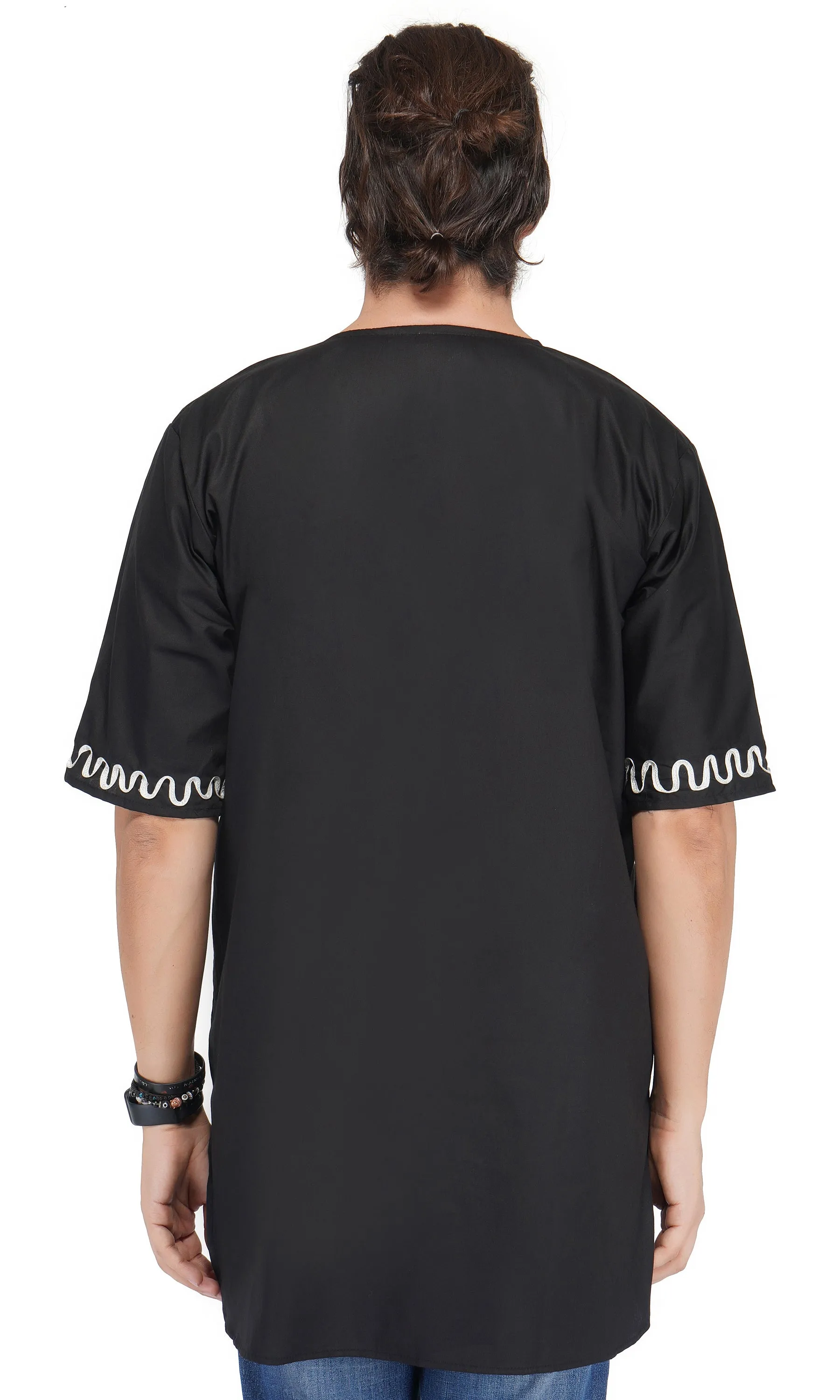Black-white Embroidered Long Dashiki Shirt For Men