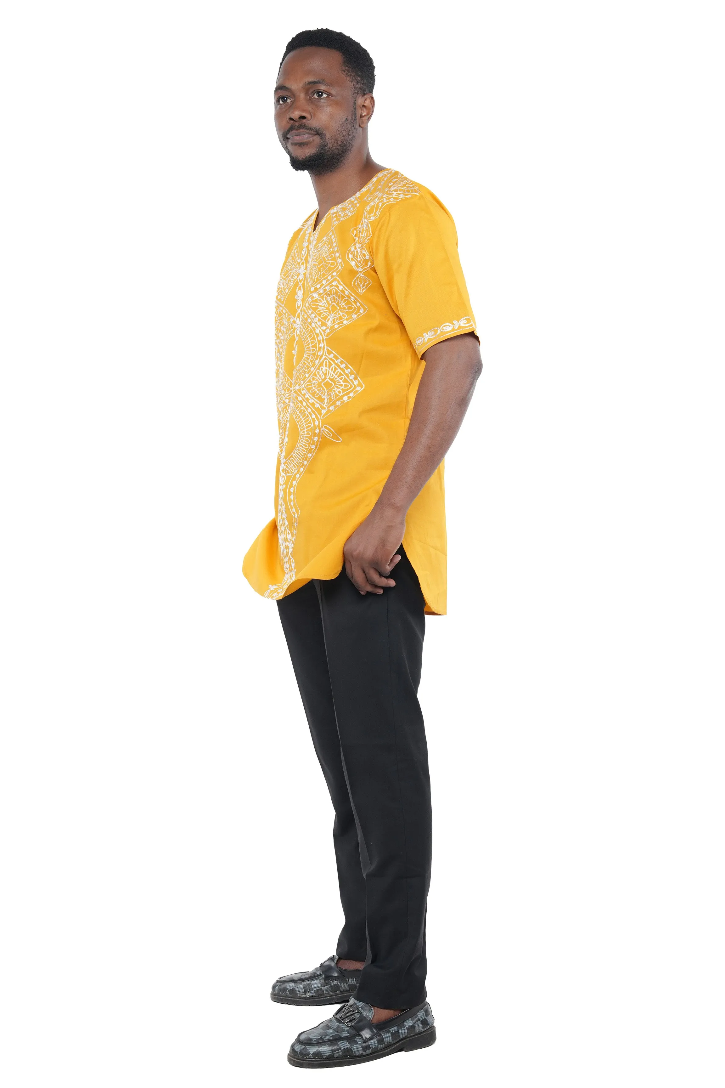 Blue White Embroidered Long Dashiki Shirt For Men