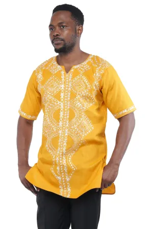 Blue White Embroidered Long Dashiki Shirt For Men