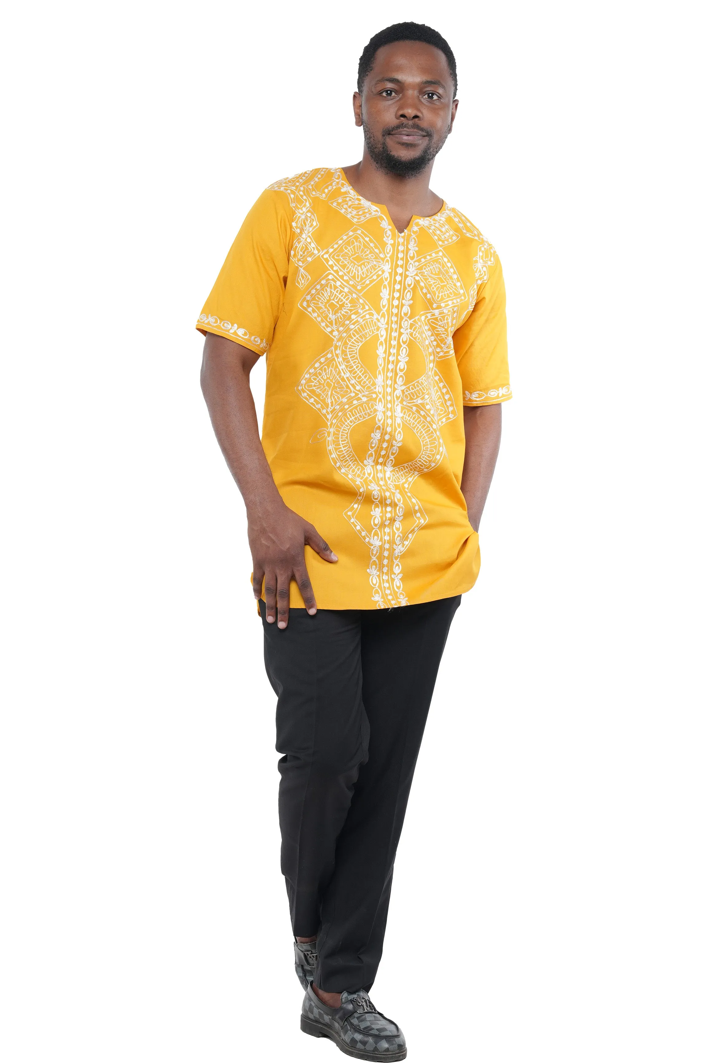 Blue White Embroidered Long Dashiki Shirt For Men