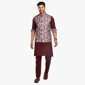 Botanical  Men's Wine Kurta with Leaf Printed Jacket