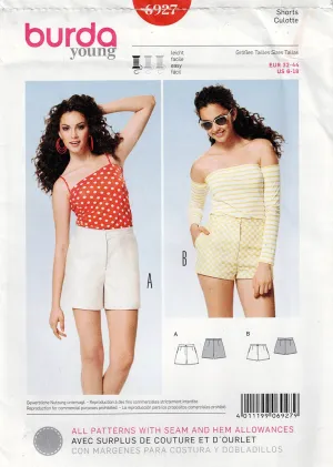 Burda Young 6927 Womens High Waisted or Regular Shorts Out Of Print Sewing Pattern Sizes 6 - 18 UNCUT Factory Folded