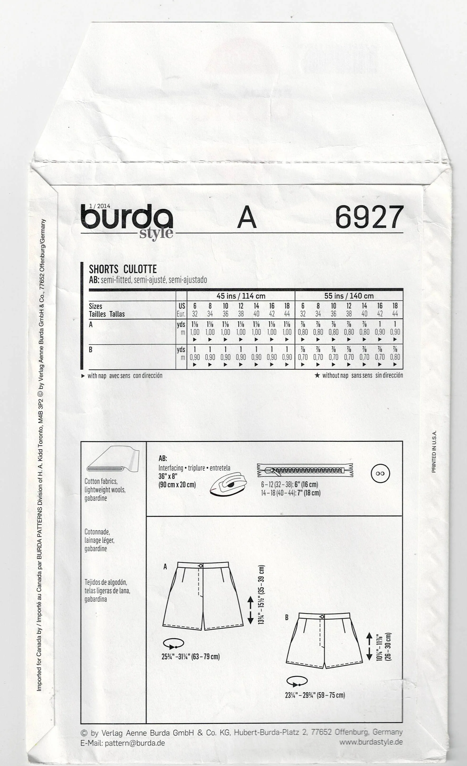 Burda Young 6927 Womens High Waisted or Regular Shorts Out Of Print Sewing Pattern Sizes 6 - 18 UNCUT Factory Folded