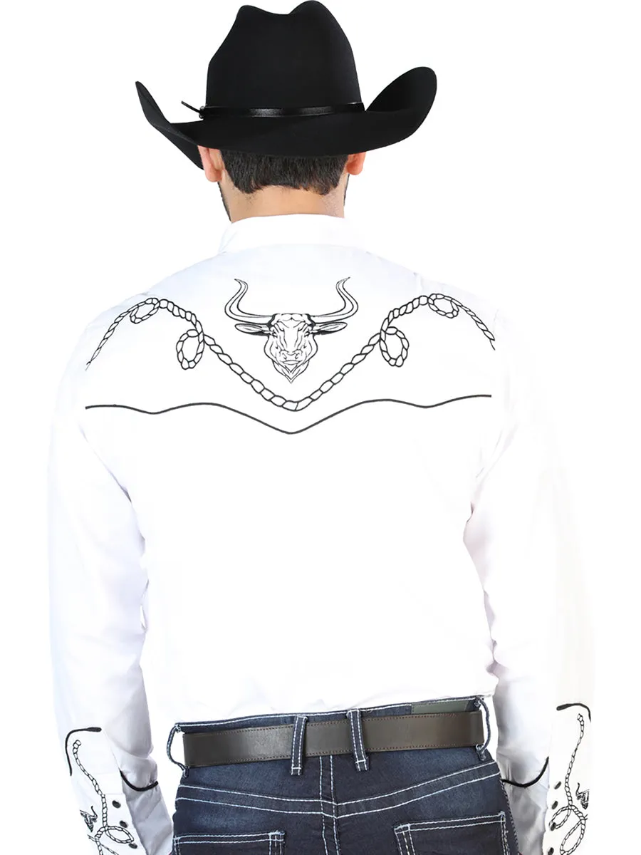 Camisa Vaquera Bordada Manga Larga Blanco para Hombre 'El Señor de los Cielos' - ID: 126712