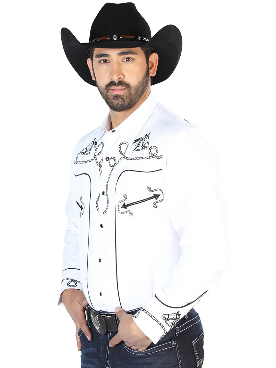 Camisa Vaquera Bordada Manga Larga Blanco para Hombre 'El Señor de los Cielos' - ID: 126715