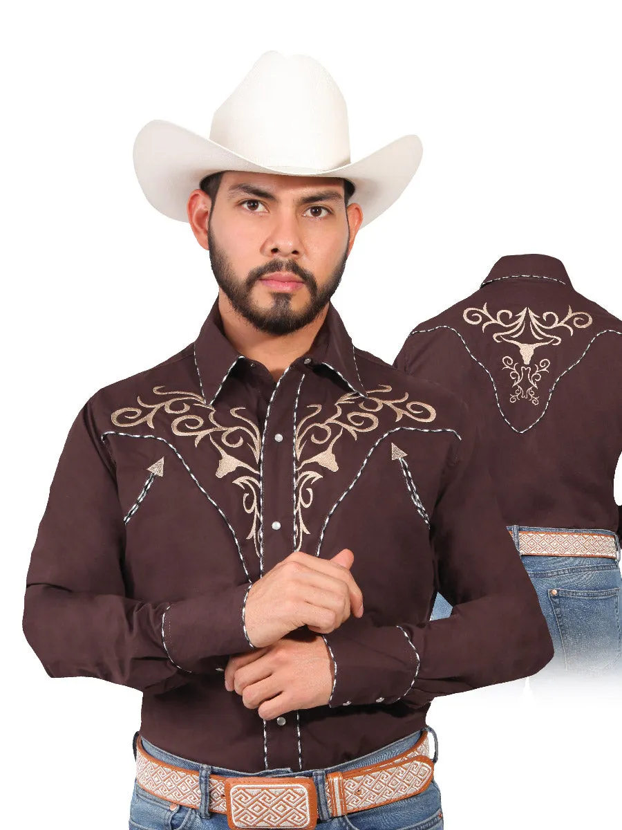 Camisa Vaquera Bordada Manga Larga Cafe para Hombre 'El Señor de los Cielos' - ID: 42891