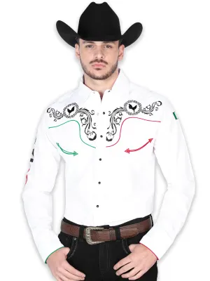 Camisa Vaquera Manga Larga Bordada Blanco para Hombre 'El General' - ID: 44907