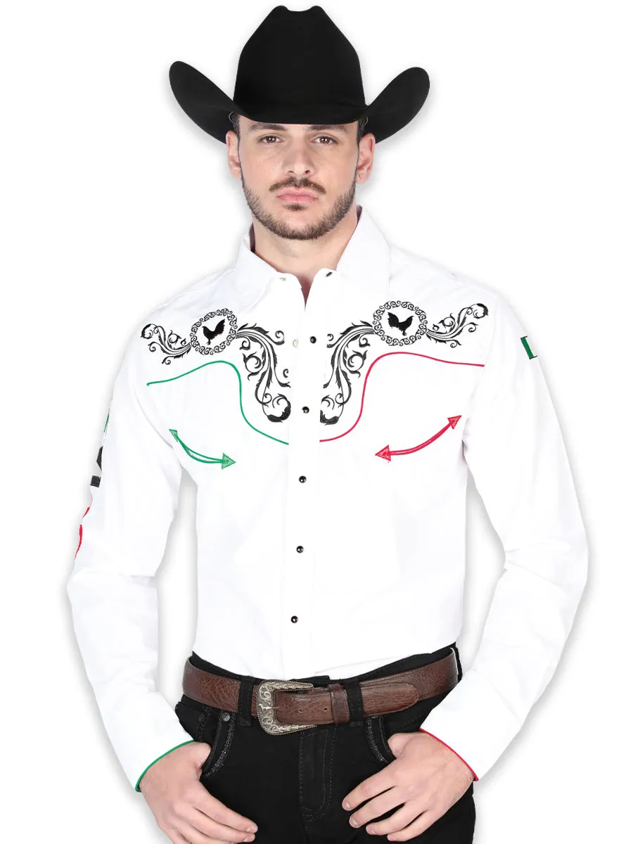 Camisa Vaquera Manga Larga Bordada Blanco para Hombre 'El General' - ID: 44907