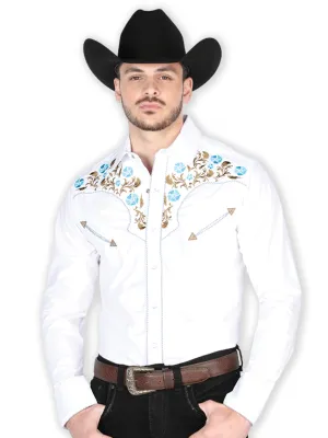 Camisa Vaquera Manga Larga Bordada Floral Blanco para Hombre 'El General' - ID: 44912