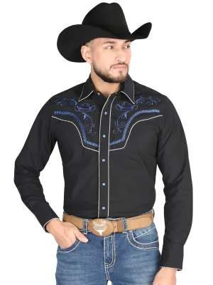 Camisa Vaquera Manga Larga Bordada Negro para Hombre 'El General' - ID: 44297