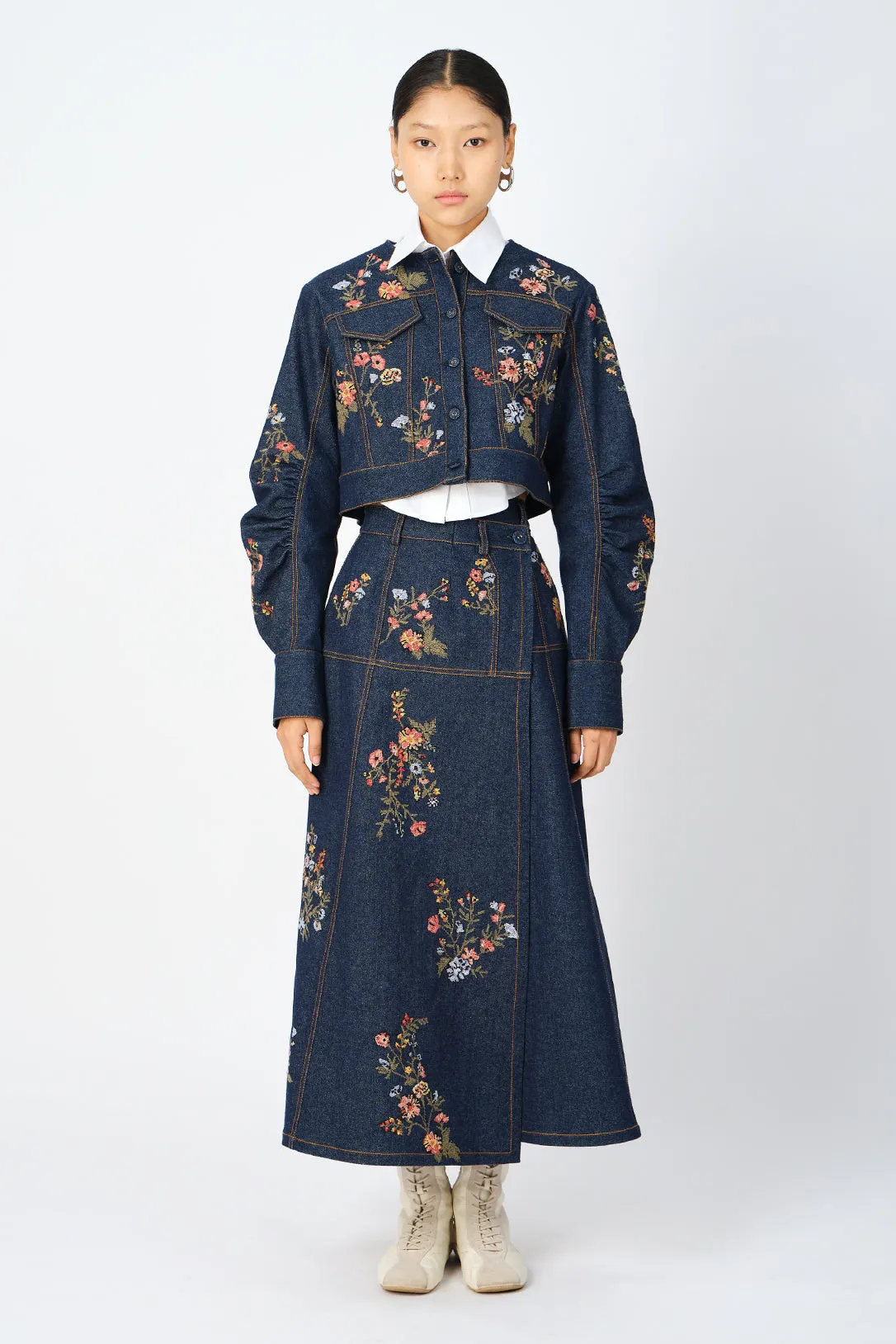 Cerrado cross-stitch denim wrap skirt