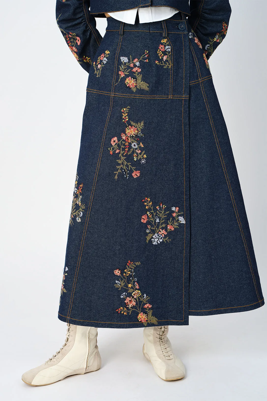 Cerrado cross-stitch denim wrap skirt