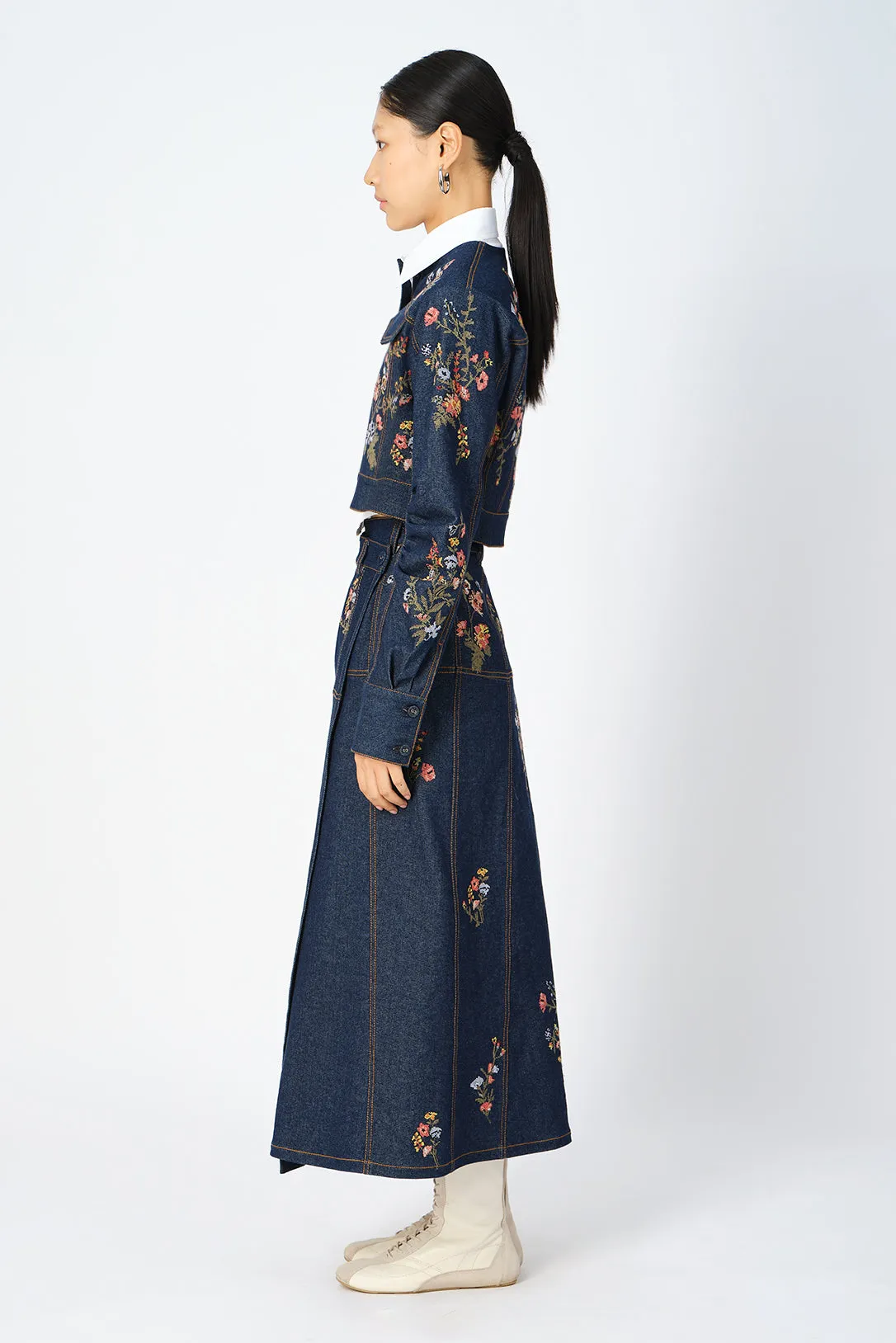 Cerrado cross-stitch denim wrap skirt