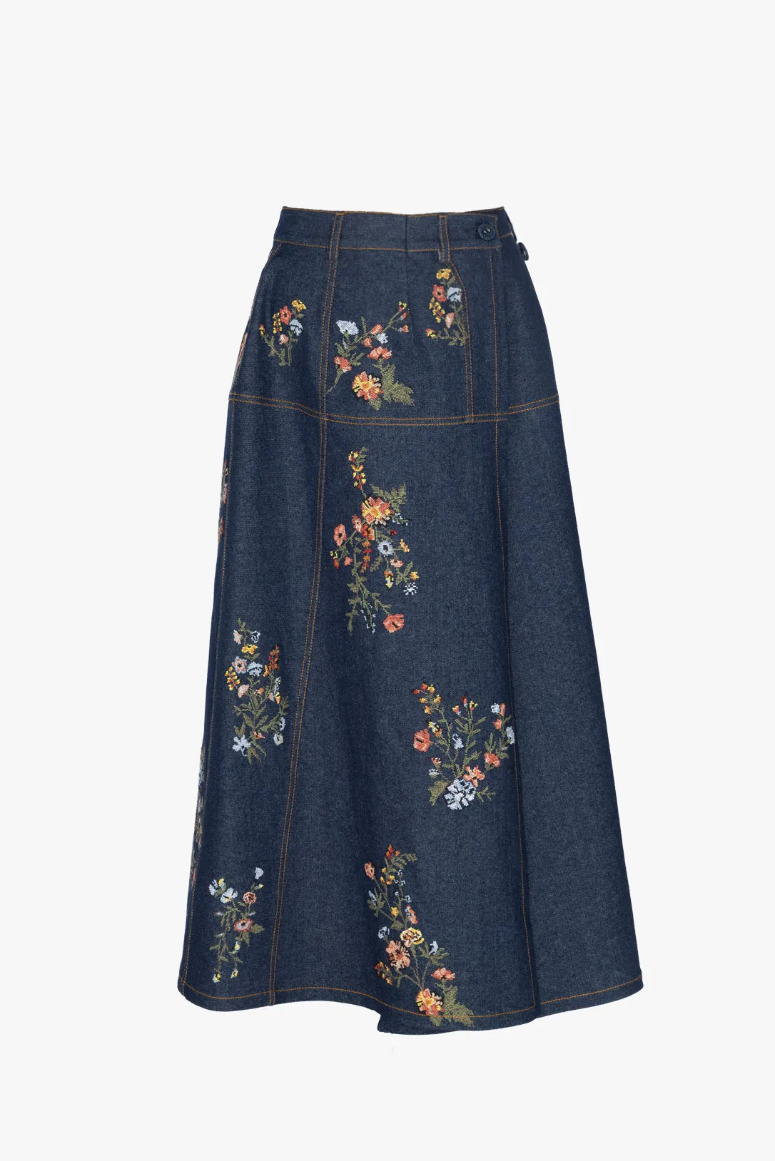 Cerrado cross-stitch denim wrap skirt