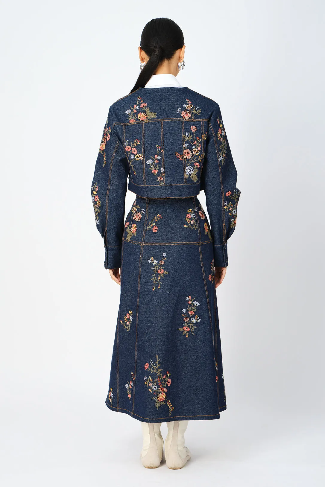 Cerrado cross-stitch denim wrap skirt