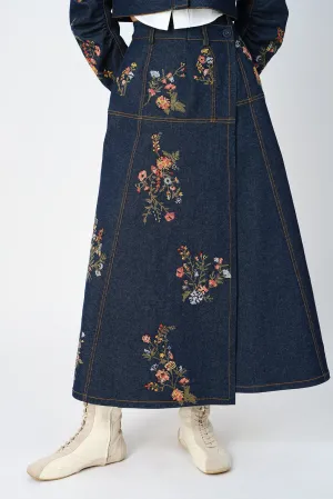 Cerrado cross-stitch denim wrap skirt