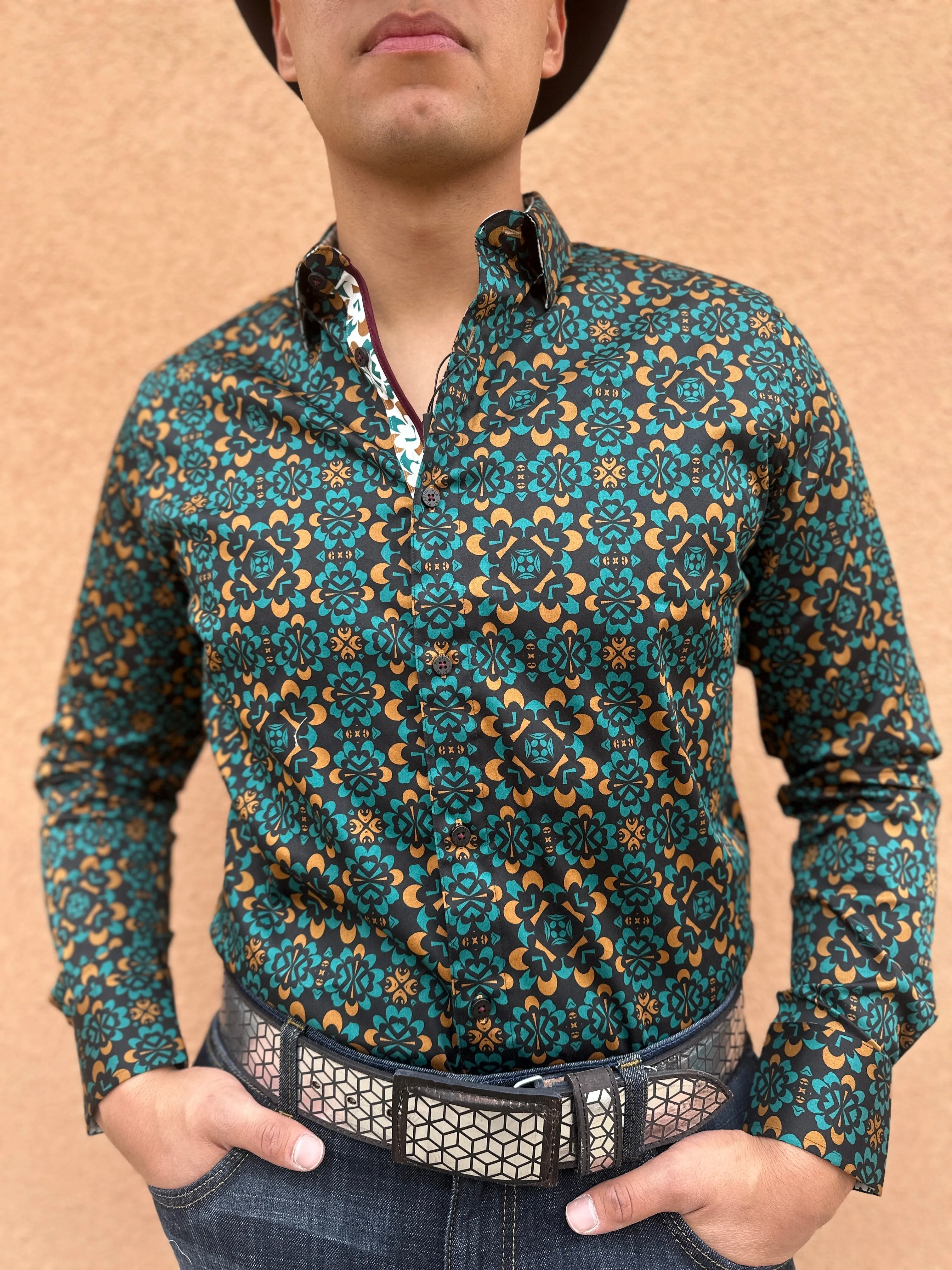 Cesar Platini Black/Teal Print Shirt