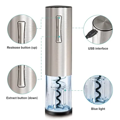 EZBASICS Electric Wine Bottle Opener kit Rechargeable Automatic Corkscrew contains Foil Cutter Vacuum Stopper and Wine Aerator Pourer with USB Charging Cable for Wine Lover 4-in-1 Gift Set, Silver