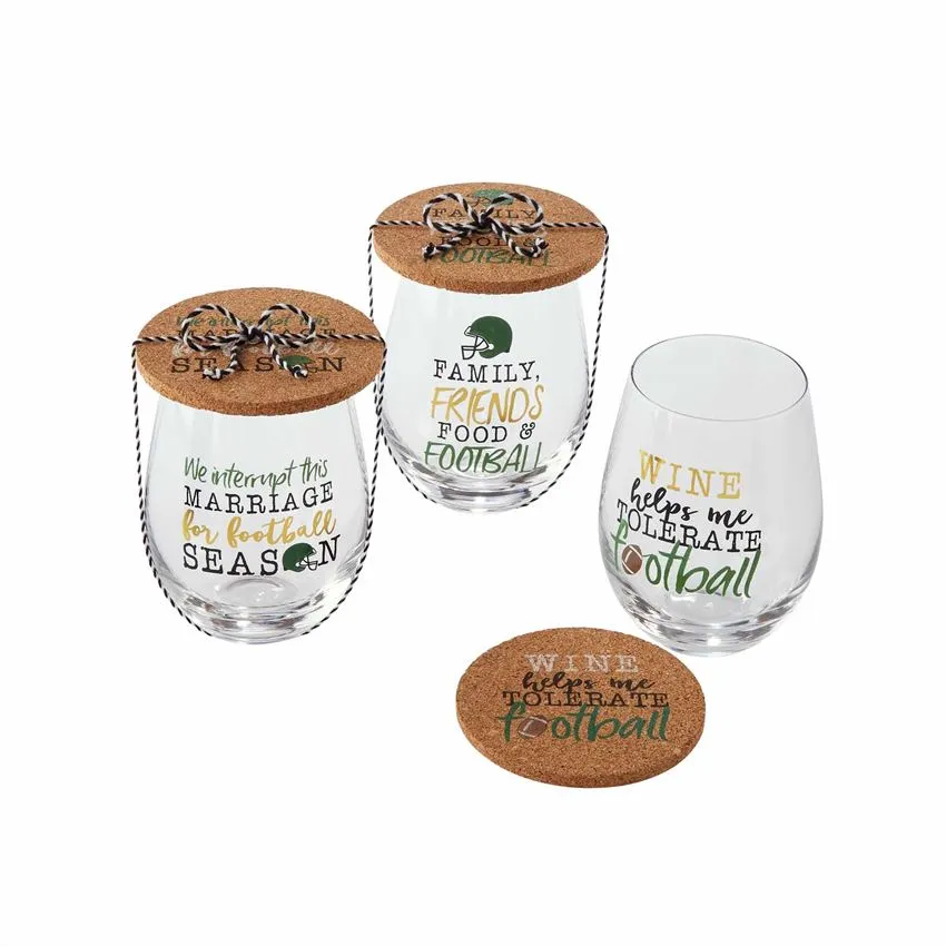 Family, Friends, Food & Football Wine Glass & Coaster Set