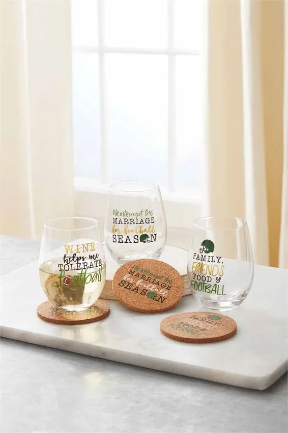 Family, Friends, Food & Football Wine Glass & Coaster Set