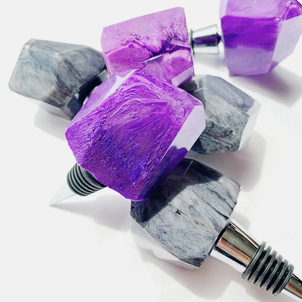 Faux Agate Resin Wine Stoppers | Stainless Steel Cork | Purple   Grey