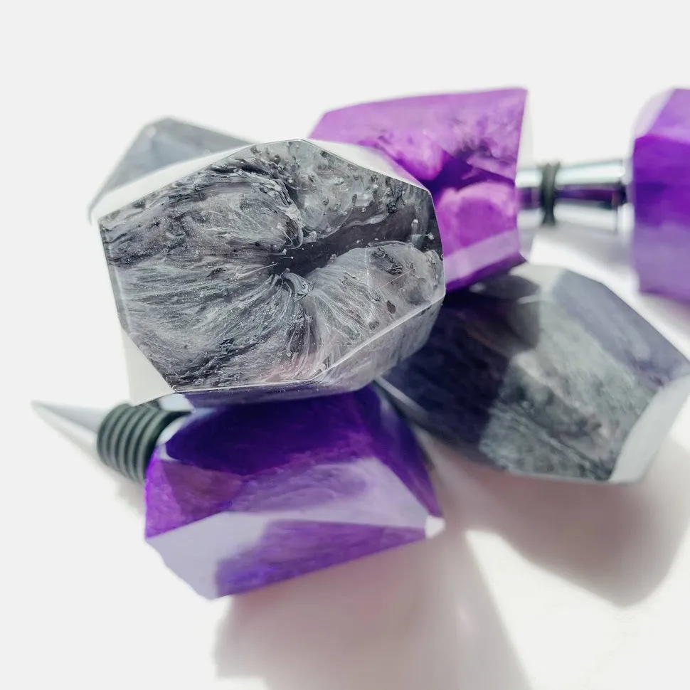 Faux Agate Resin Wine Stoppers | Stainless Steel Cork | Purple   Grey