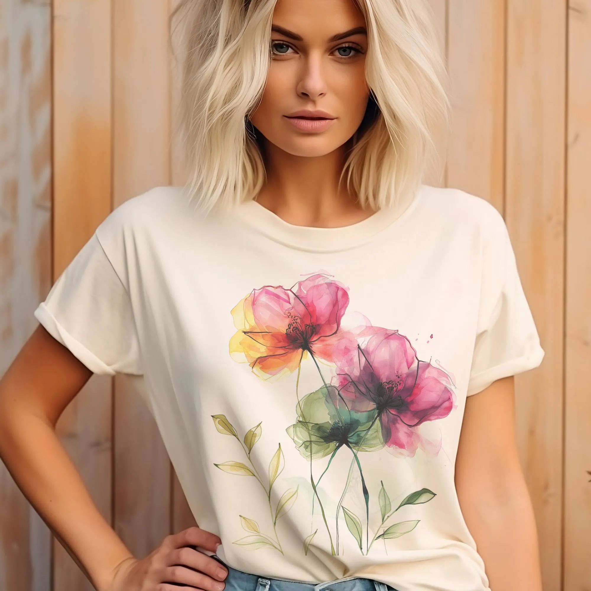 Flower Tee Sweet Poppy Watercolor Tshirt Cream