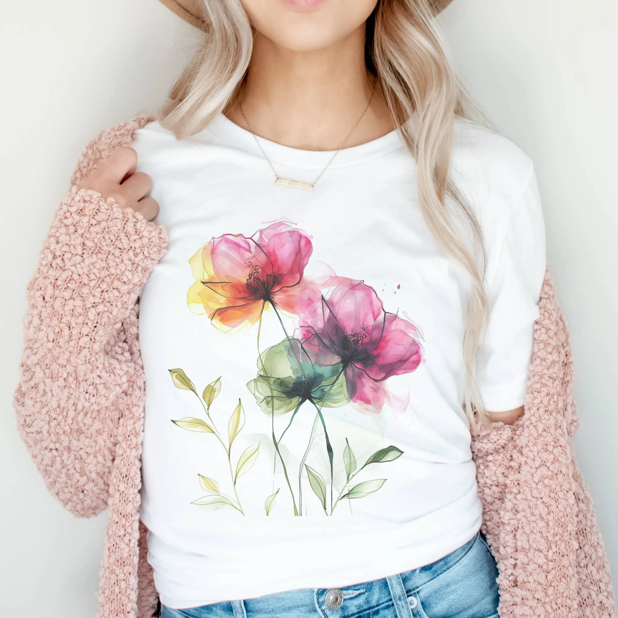 Flower Tee Sweet Poppy Watercolor Tshirt Cream