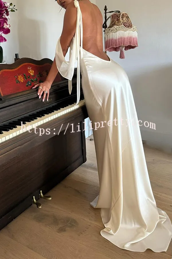 Gala Night Satin Hand-stitched Floral Detail Cowl Neck Backless Maxi Dress