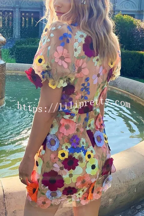 Garden Gala Embroidered Floral Applique Puff Sleeve Mini Dress