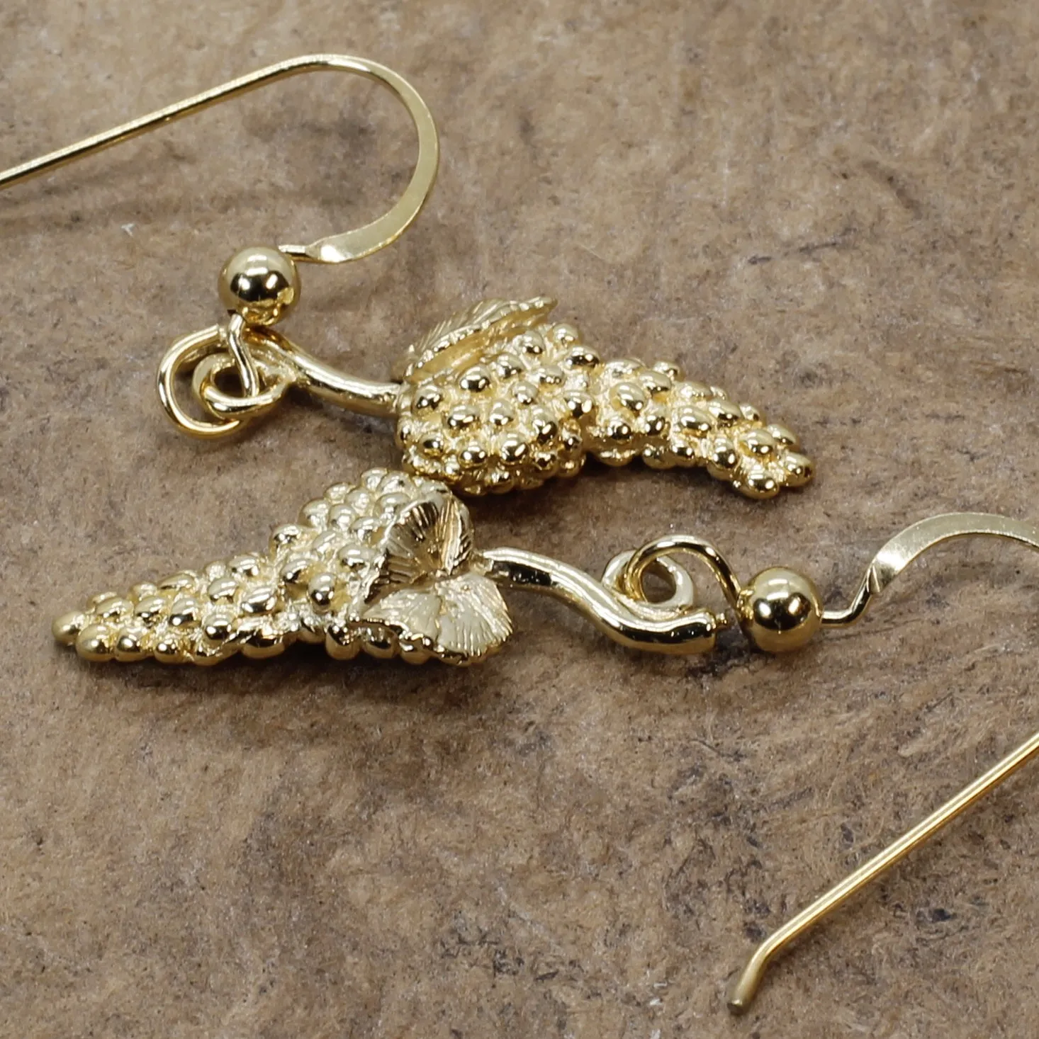 Gold Grape Cluster Earrings in 14kt Gold Vermeil Dangling on Gold French wires