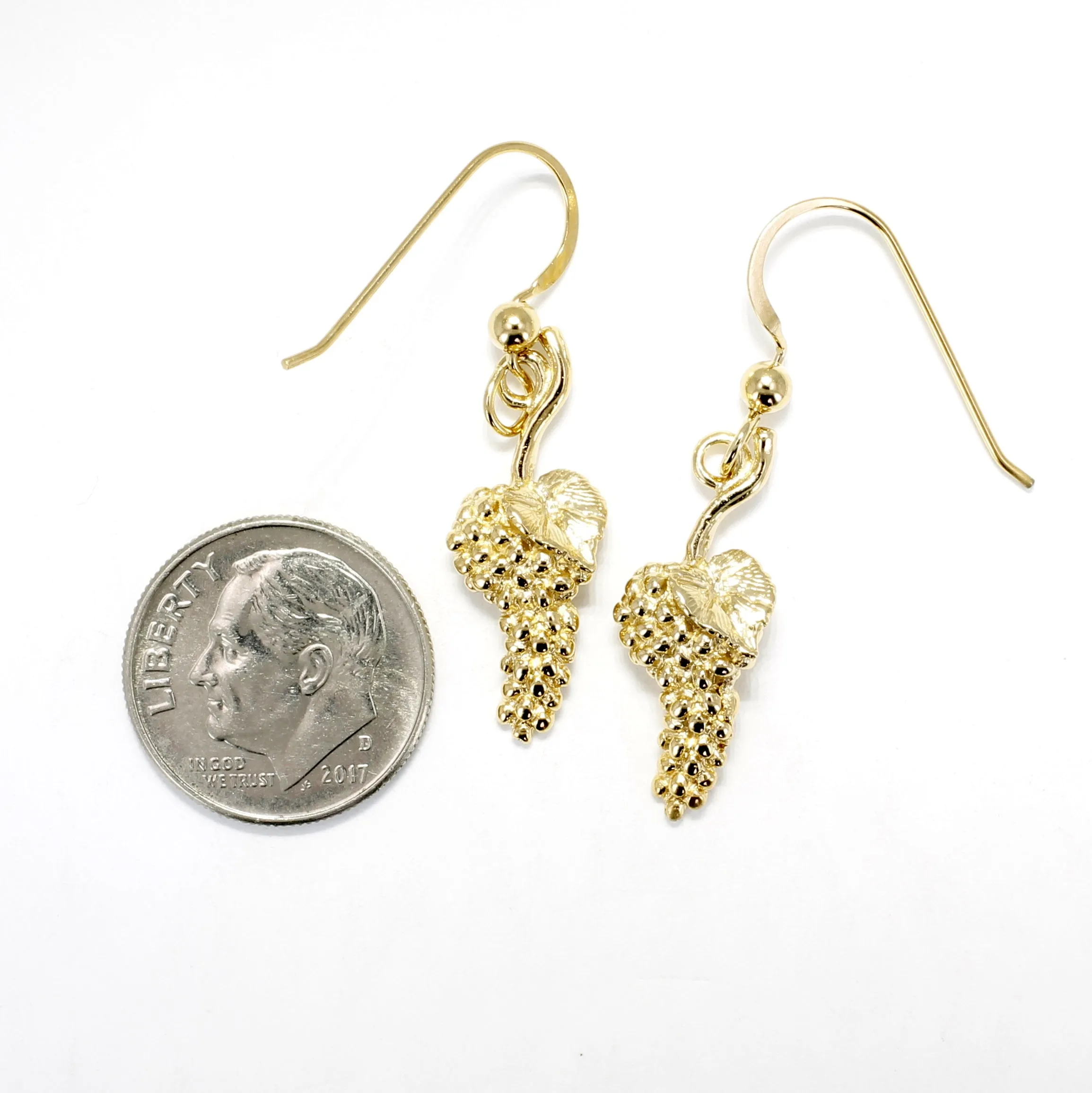 Gold Grape Cluster Earrings in 14kt Gold Vermeil Dangling on Gold French wires