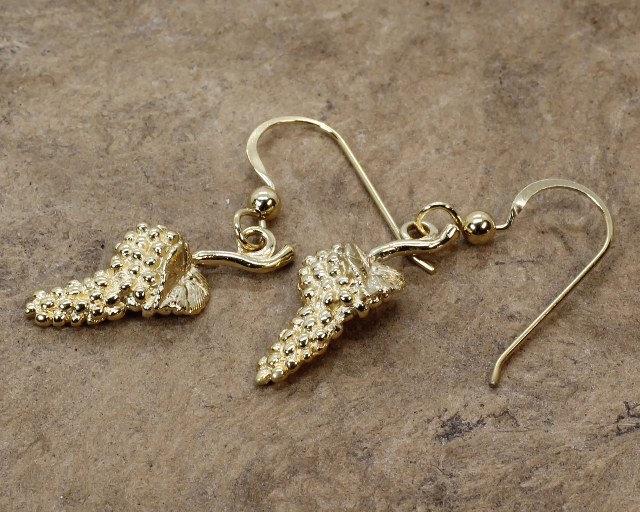 Gold Grape Cluster Earrings in 14kt Gold Vermeil Dangling on Gold French wires