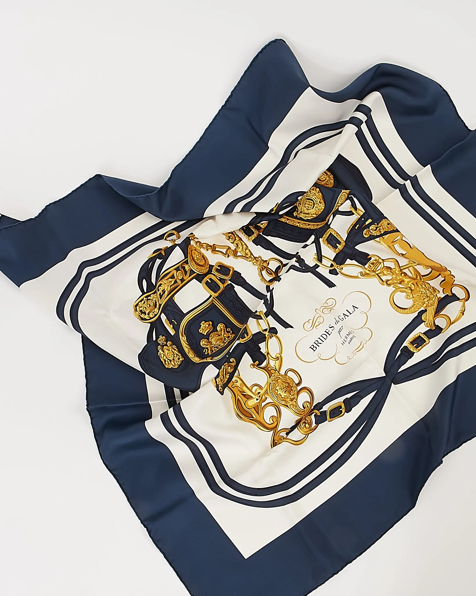 Hermes Navy/White Brides of Gala Silk Carre Scarf