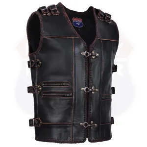 HL11699BROWN Men Genuine Cow Leather Heavy Metal Zipper Buckled Rocker Braided Vest-Rocker biker Waistcoat