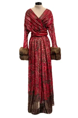 Incredible Fall 1979 Bill Blass Couture Red Silk Chiffon Dress w Gold Sequins & Mink Cuffs