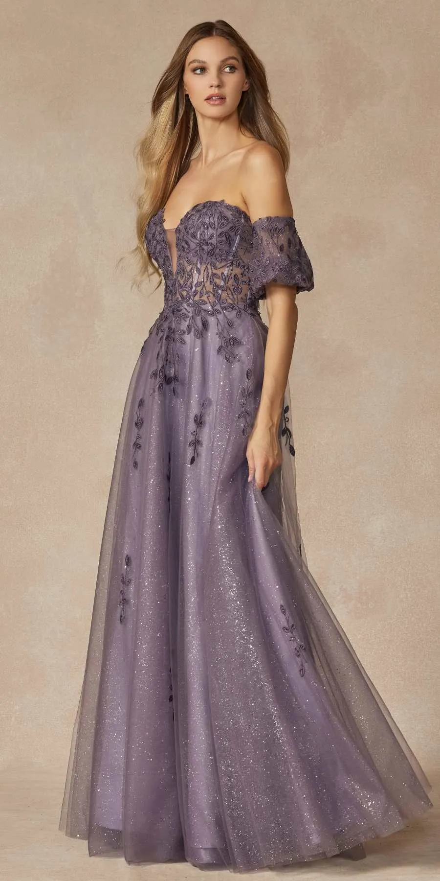 Juliet 2409 Floor Length A-Line Leaf Embroidered Gown Detachable Sleeves
